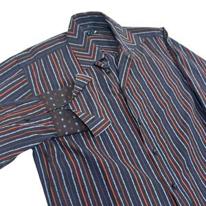 LANZINO Mens Medium Striped Button Down Dress Shirt Blue Red Black Long Sleeve